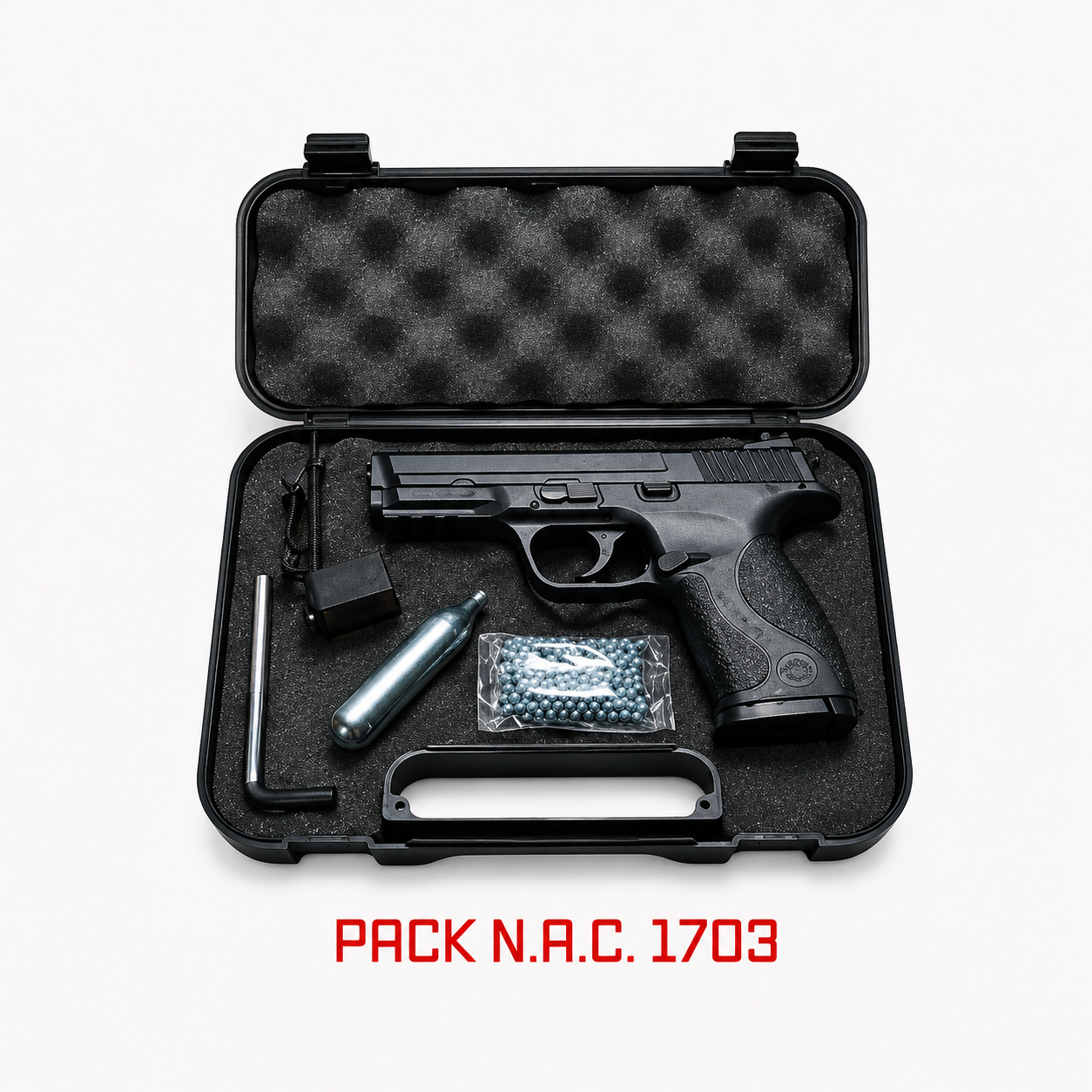Pack N.A.C. 1703 Pistola CO2 + 5 Cargas CO2 + 250 bolas BB + Maletín