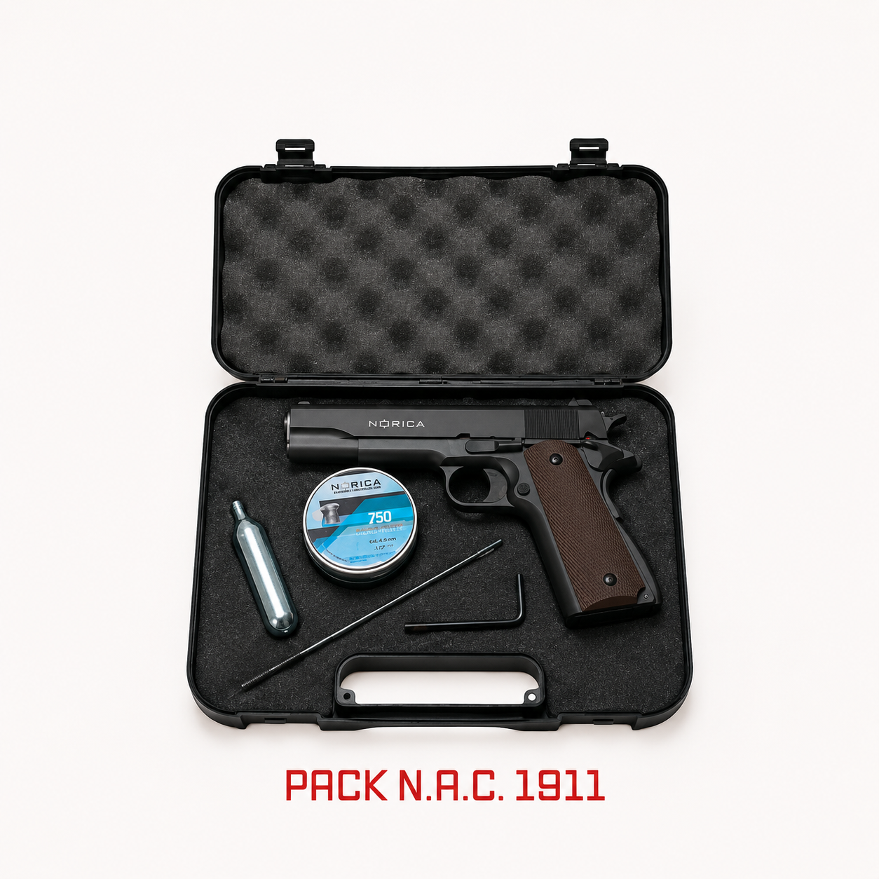 Pack N.A.C. 1911 Pistola CO2 + 5 Cargas CO2 + 250 balines Match + Maletín