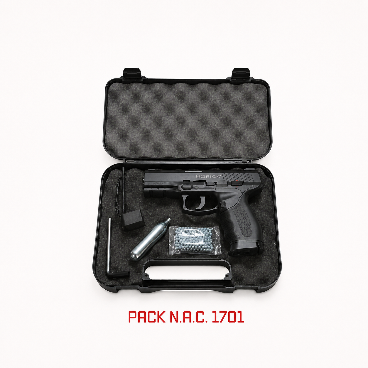 Pack N.A.C. 1701 Pistola CO2 + 5 Cargas CO2 + 250 bolas BB + Maletín