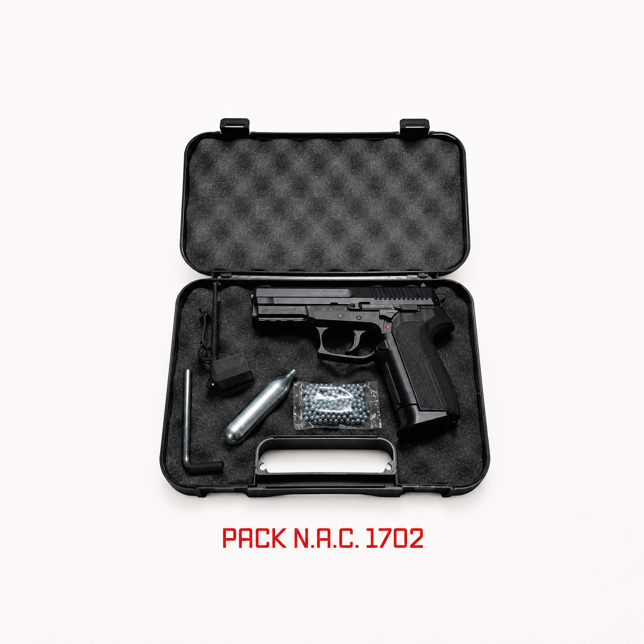 Pack N.A.C. 1702 Pistola CO2 + 5 Cargas CO2 + 250 bolas BB + Maletín